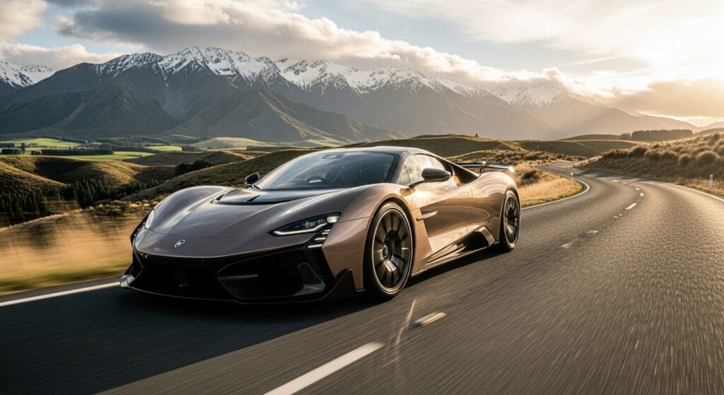 Hybrid supercar driving on scenic Christchurch road