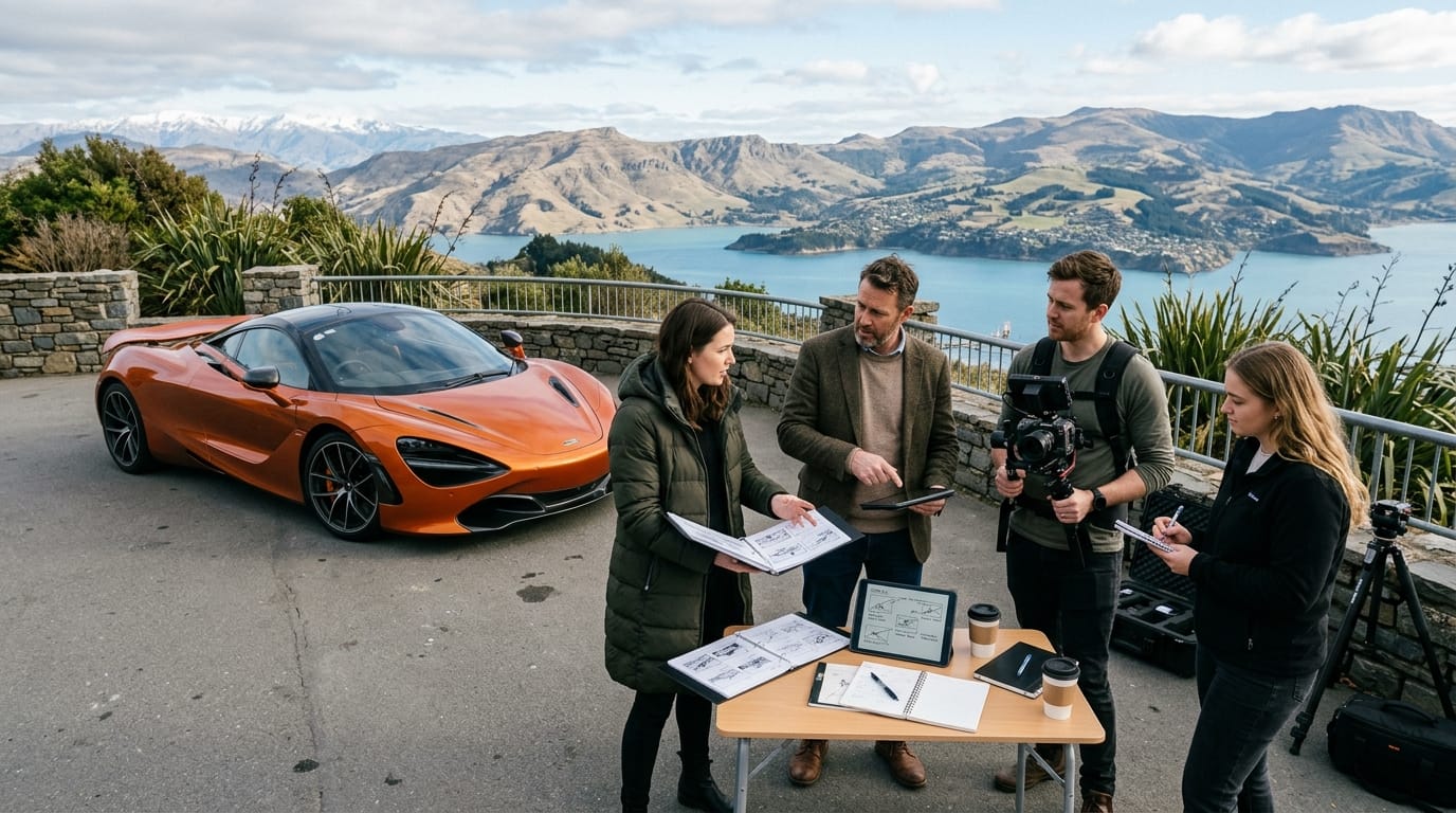 Brand team planning a supercar content shoot for luxury marketing in Christchurch
