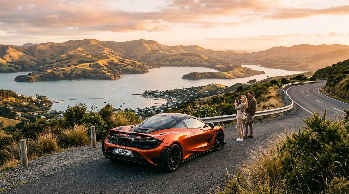 Christchurch to Akaroa supercar parked on a scenic Banks Peninsula lookout