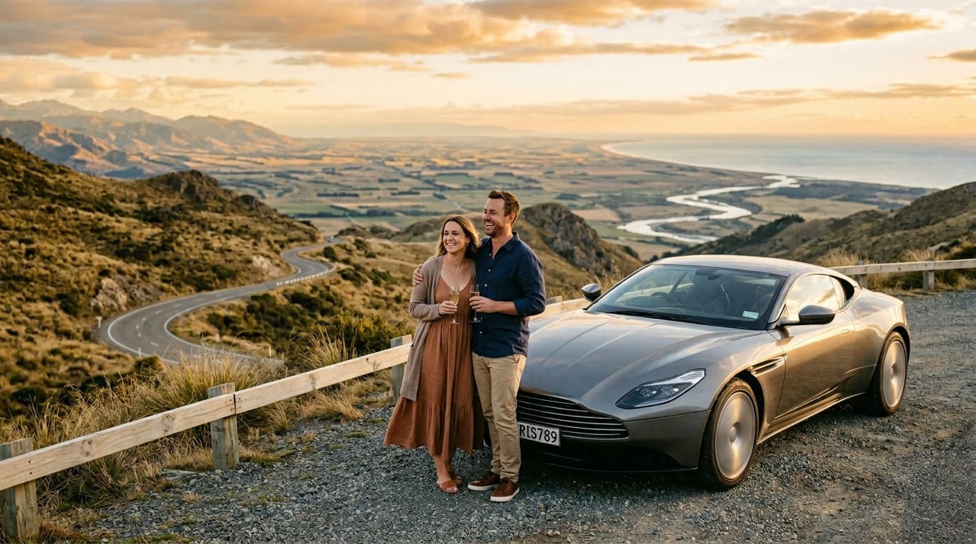 Couple enjoying a Christchurch supercar gift experience on a scenic drive