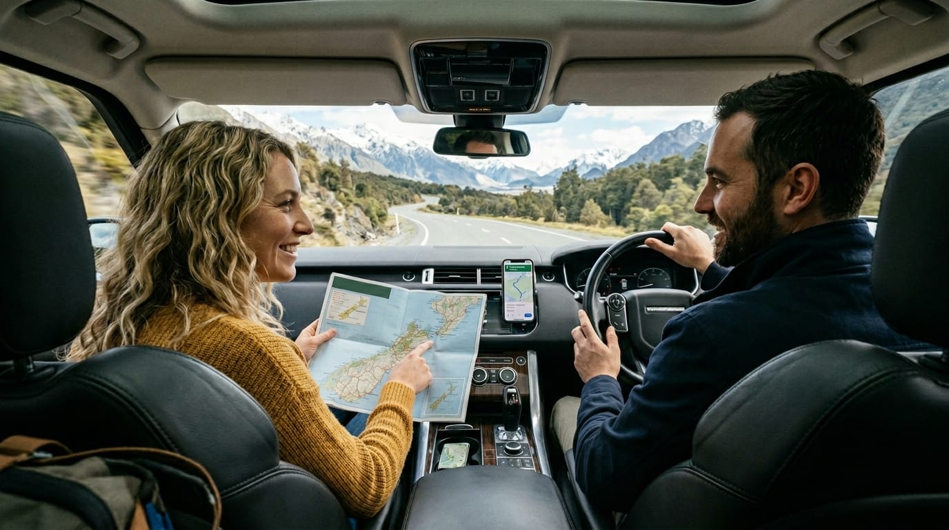 Couple planning a luxury road trip from Christchurch in a supercar
