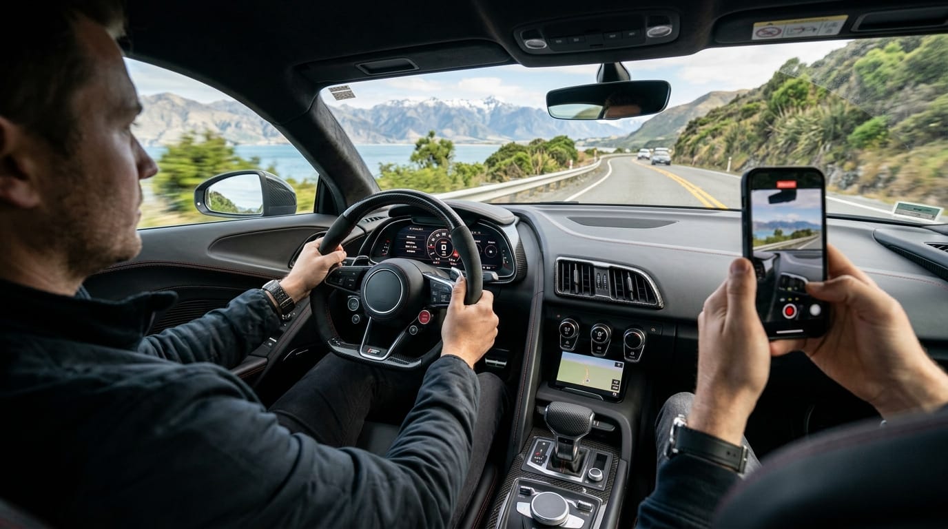 Creator filming luxury supercar interior content during a Christchurch drive