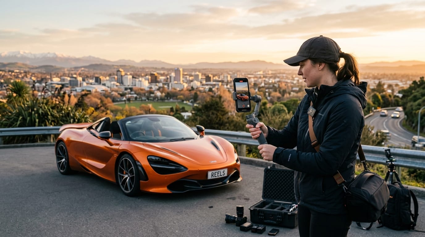 Filming social media reels with a luxury supercar in Christchurch