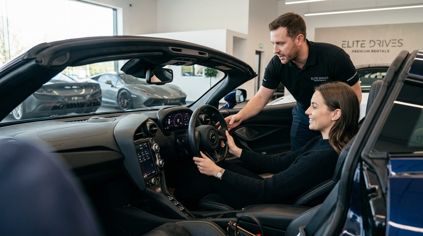 First-time supercar renter receiving a safe driving briefing before a luxury drive
