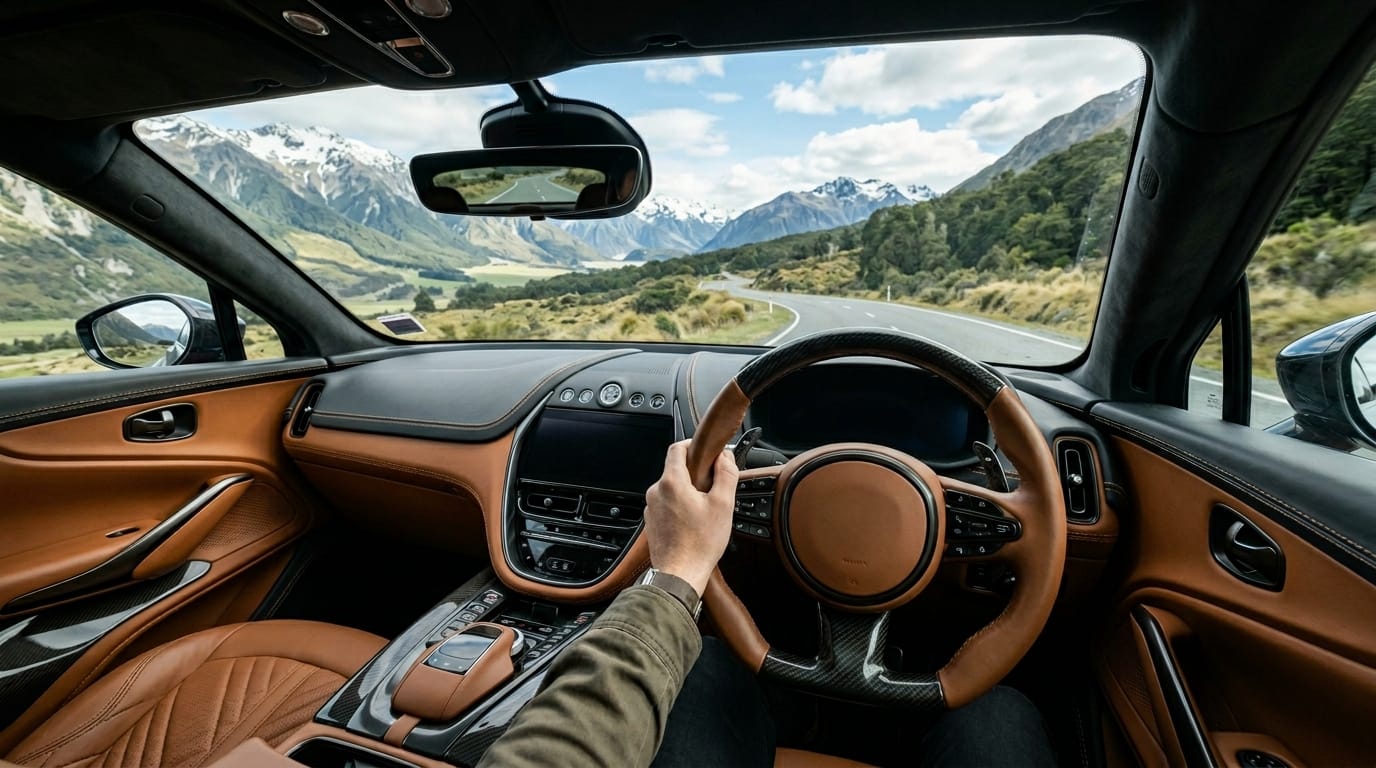 Luxury supercar interior during a private scenic drive in Christchurch