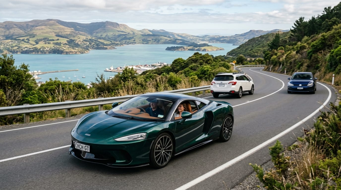 Responsible supercar driving with safe following distance on a Christchurch scenic route