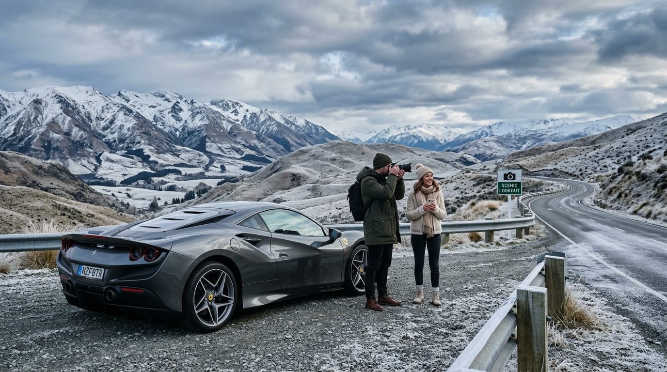 Scenic winter photo stop for a Christchurch supercar road trip