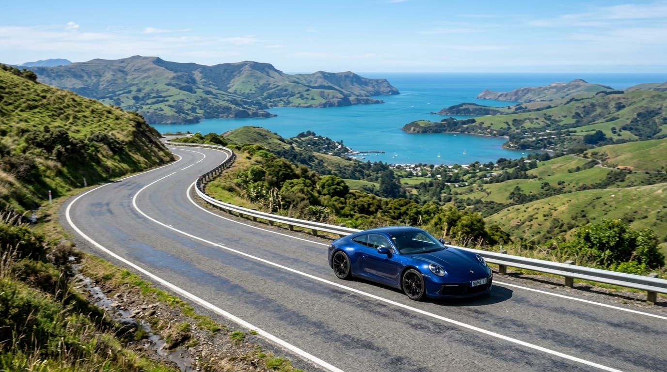 Supercar driving from Christchurch to Akaroa through Banks Peninsula