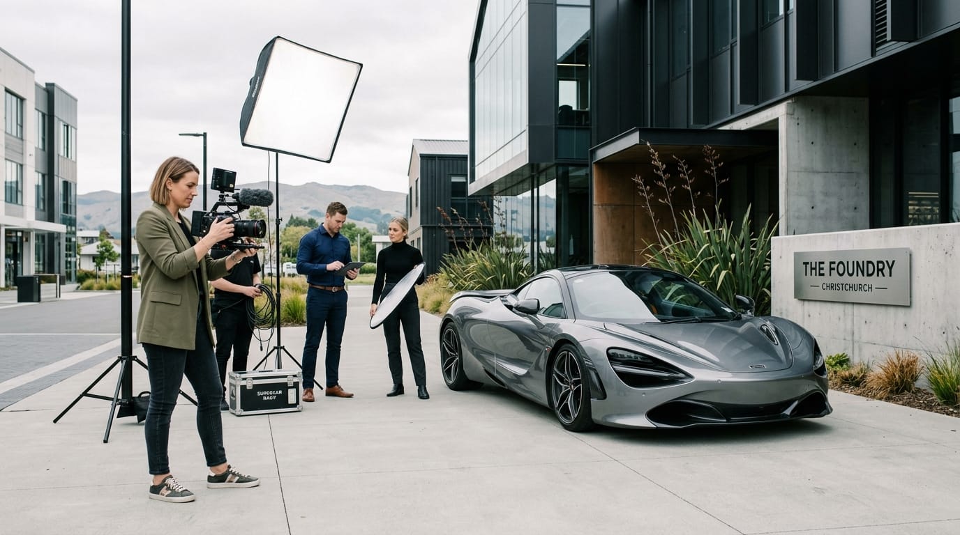 Supercar hire for luxury content shoots in Christchurch with professional camera team