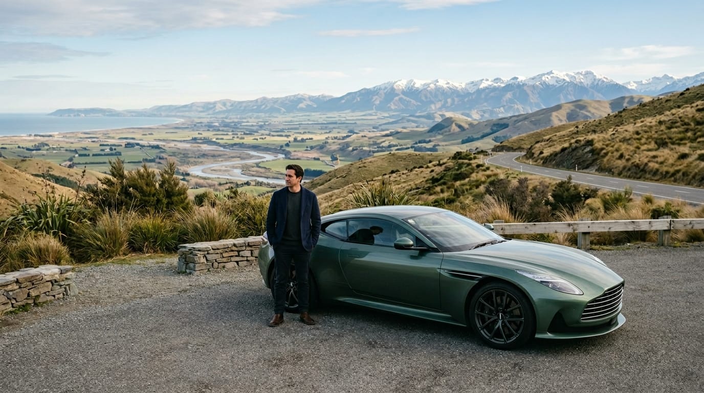 Supercar parked at a peaceful Canterbury viewpoint during a refined luxury drive