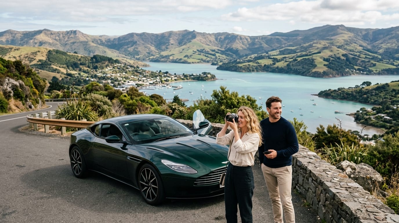 Supercar parked near Akaroa during a quiet luxury scenic drive from Christchurch