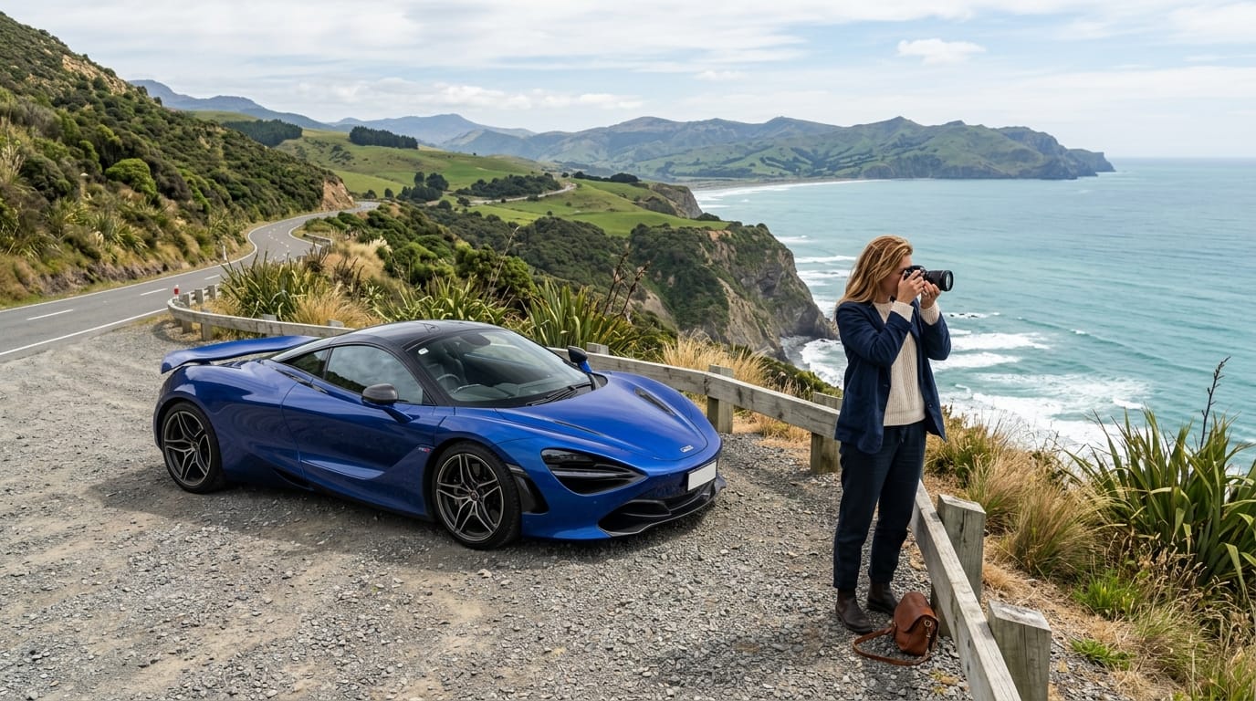 Supercar stopped at a coastal viewpoint during a Christchurch luxury road trip