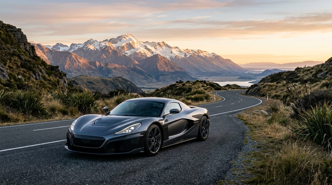 electric performance cars in New Zealand on a scenic Christchurch road