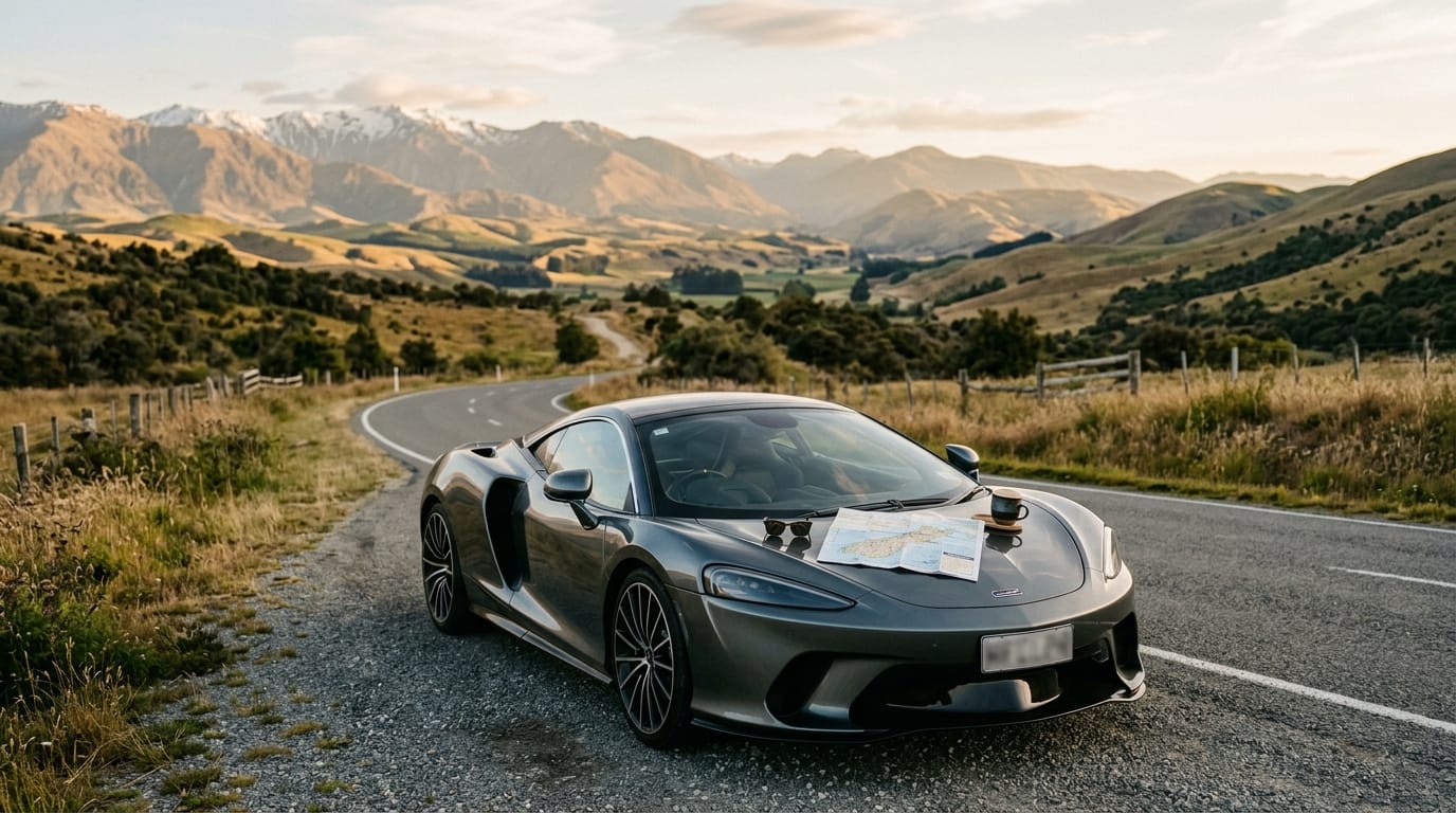 Digital detox supercar drive on a quiet scenic road near Christchurch