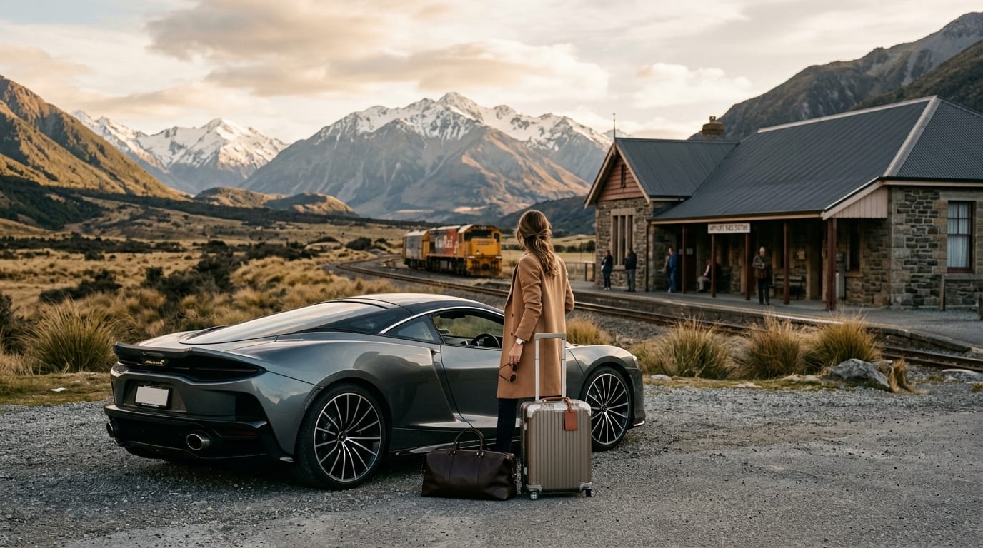 Luxury supercar beside a scenic railway setting for a train-to-supercar weekend in Christchurch