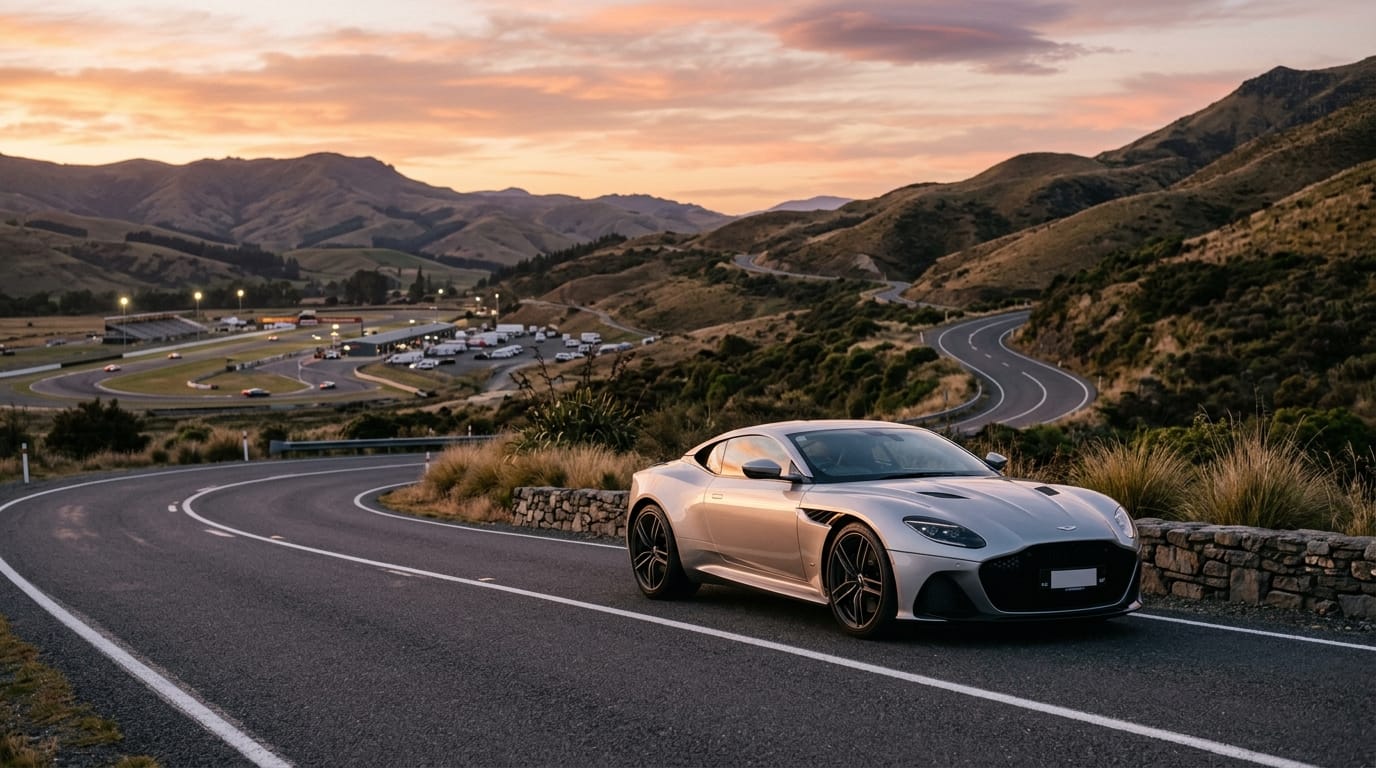 Luxury supercar on a scenic Christchurch road for a 2027 Supercars Christchurch weekend