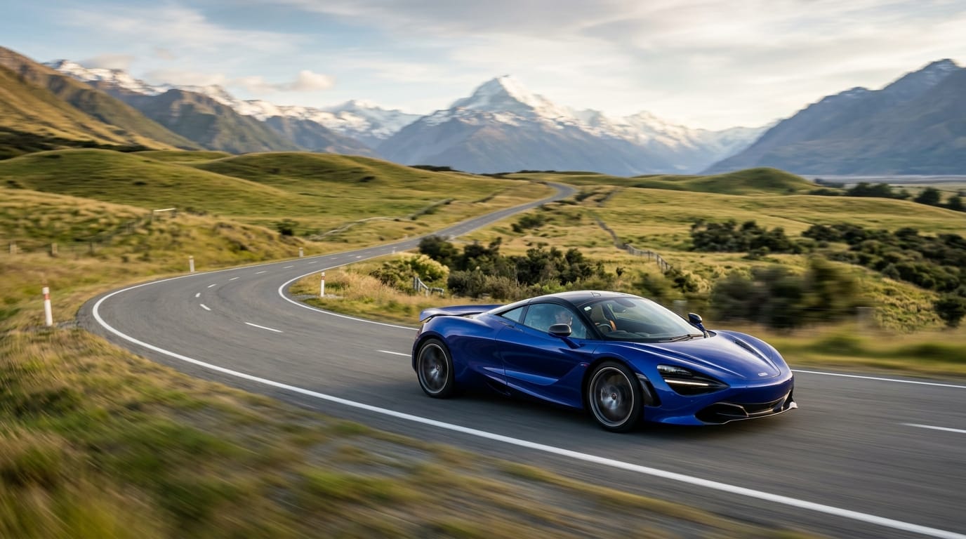 Supercar driving on a scenic Canterbury route near Christchurch