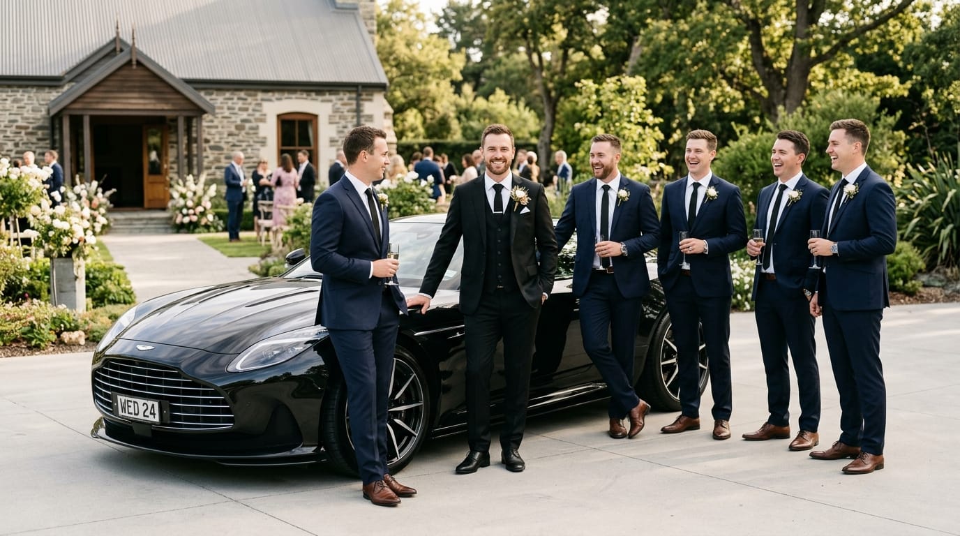groom and groomsmen with wedding supercar