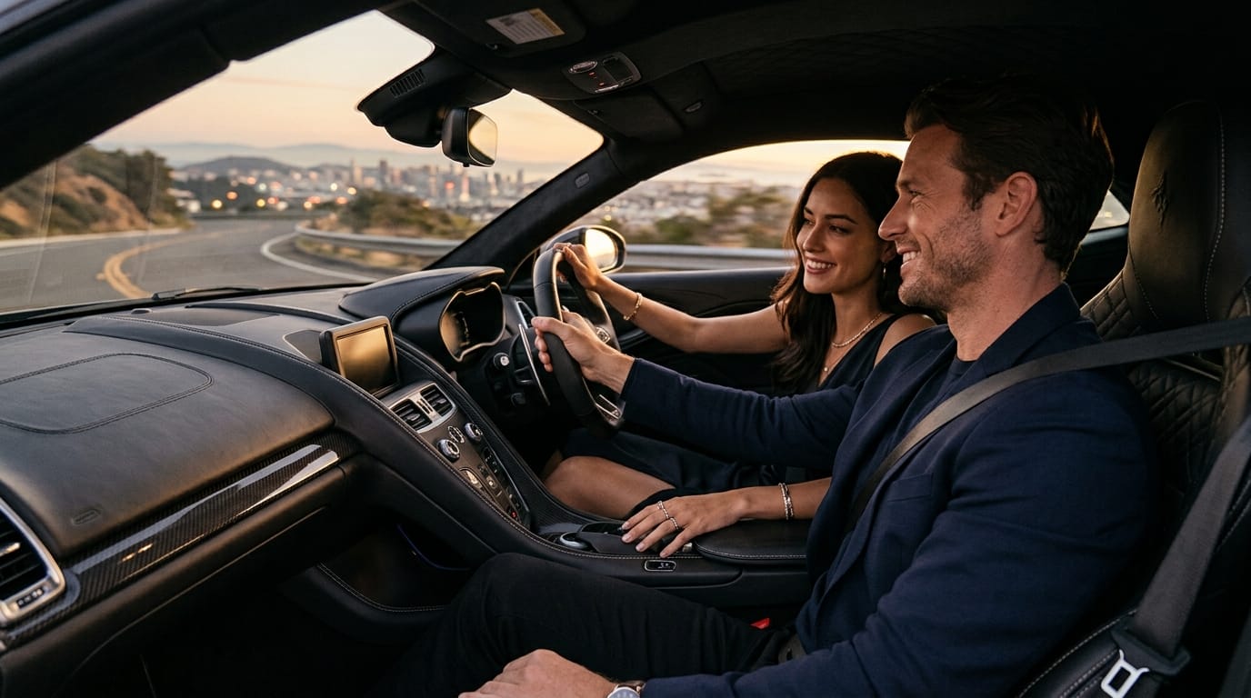 Couple inside a luxury supercar during a Christchurch date drive