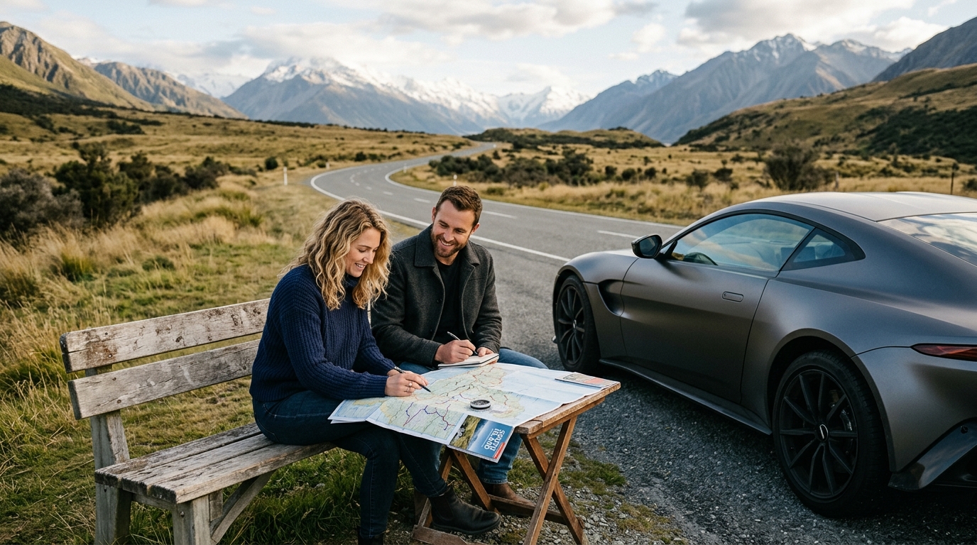 Couple planning a private supercar driving experience near Christchurch