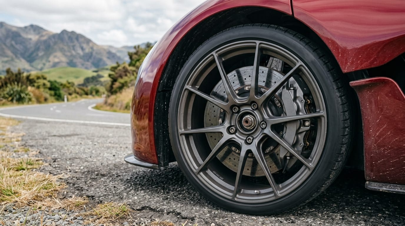 High-performance supercar brake disc and caliper close-up