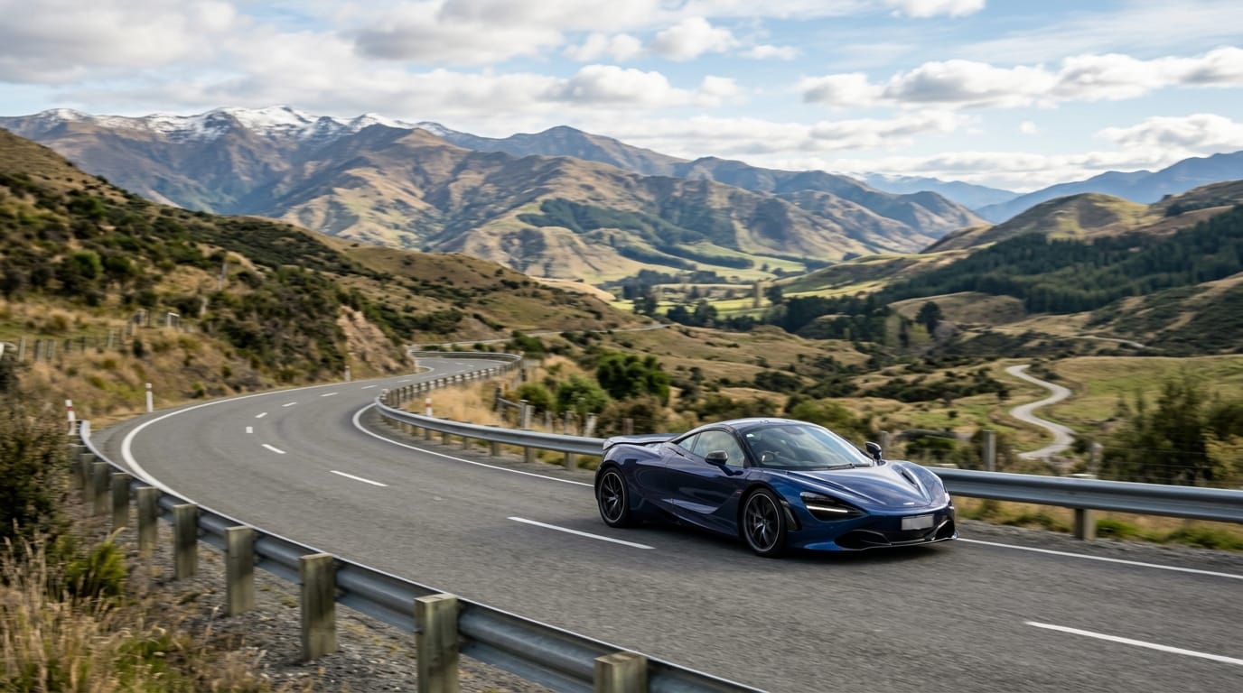 Luxury supercar driving on a scenic Canterbury road after race weekend