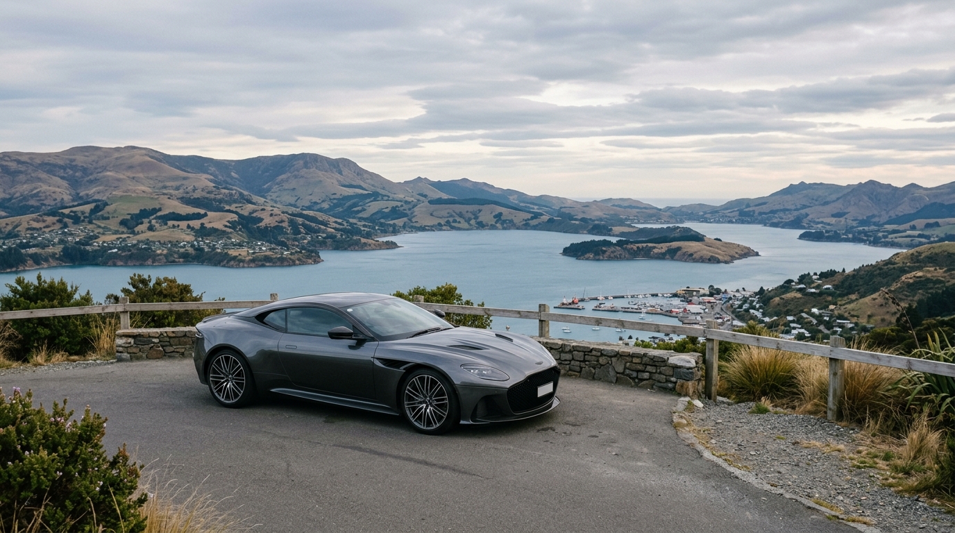 Luxury supercar parked at a scenic Christchurch lookout during a private day trip