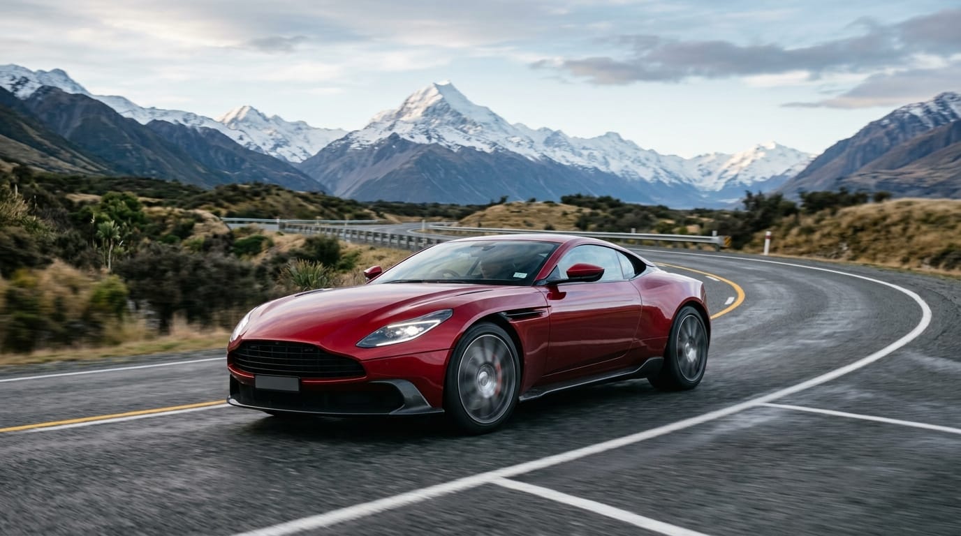 Red supercar cornering on a scenic road near Christchurch