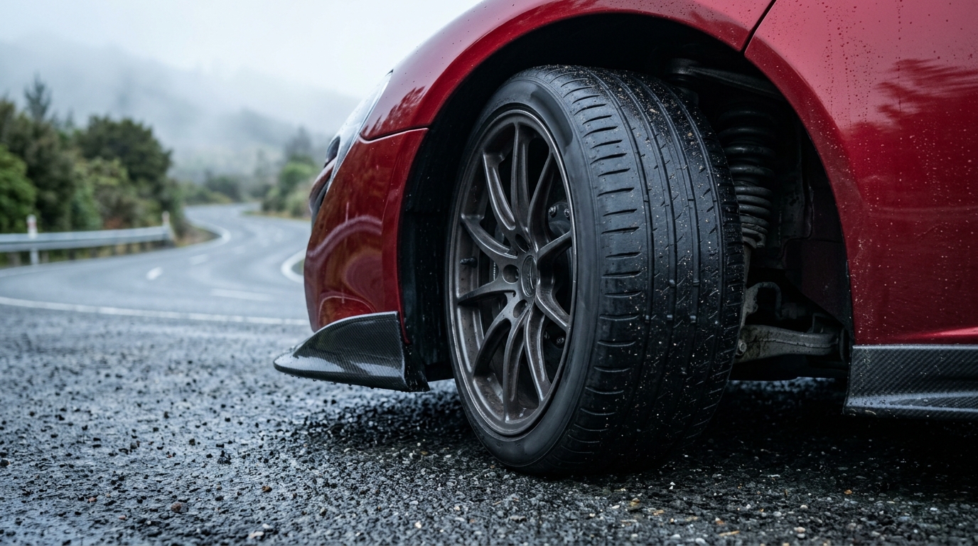 Wide supercar tyre gripping cold damp Canterbury asphalt