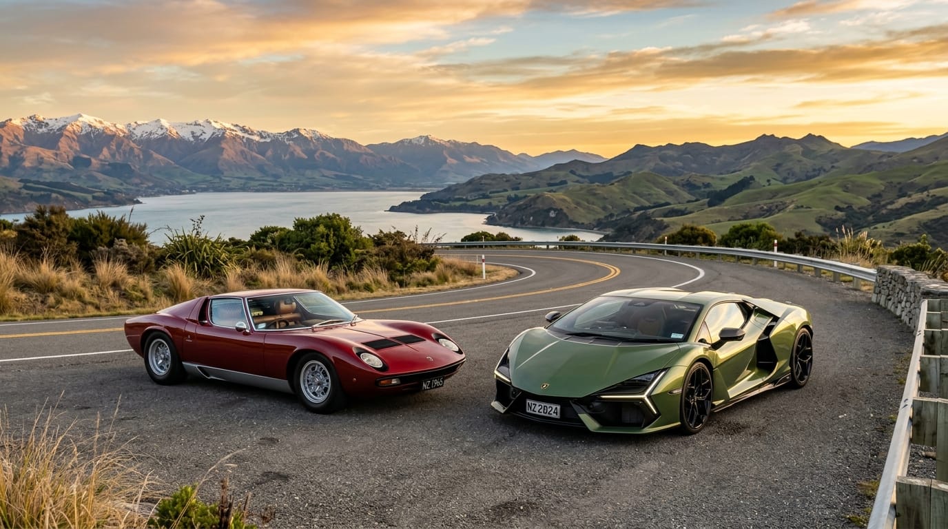 Classic Lamborghini Miura heritage beside a modern V12 hybrid supercar