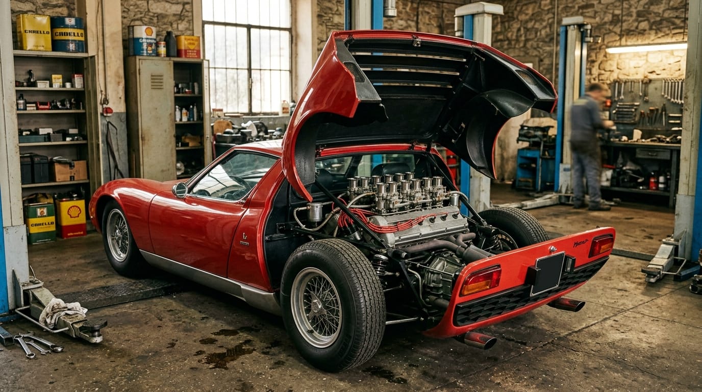 Transverse V12 engine layout that made the Lamborghini Miura revolutionary