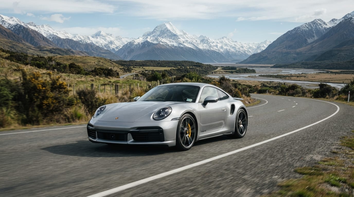 2026 Porsche 911 Turbo S T-Hybrid driving on a Canterbury road near Christchurch