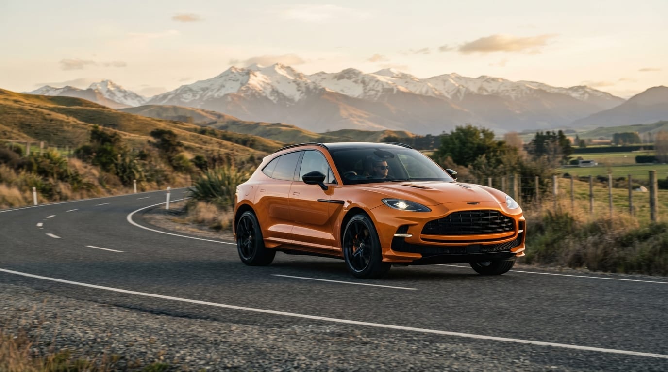 Conceptual McLaren performance SUV on a scenic Canterbury road near Christchurch