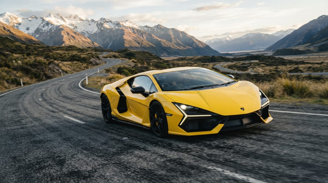 Lamborghini Revuelto SV V12 hybrid supercar on a scenic Canterbury road