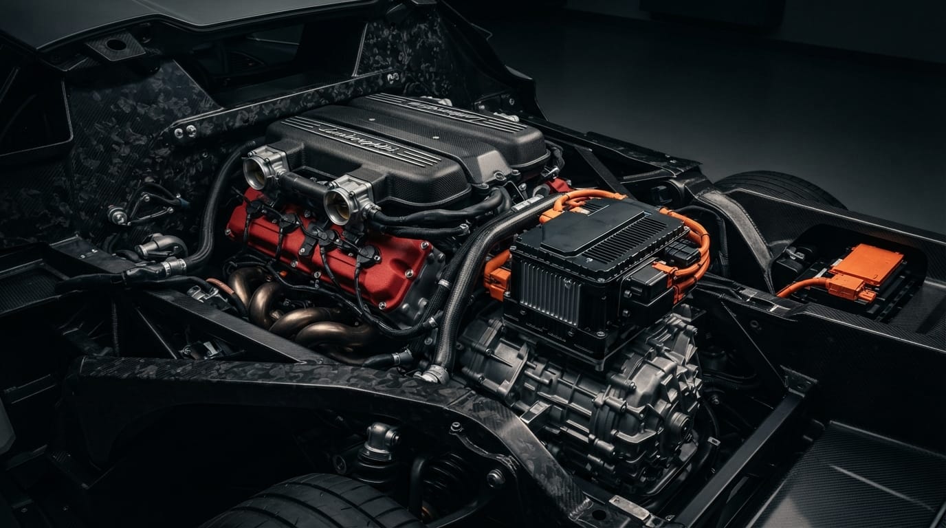 Lamborghini V12 hybrid powertrain representing the Revuelto SV performance system