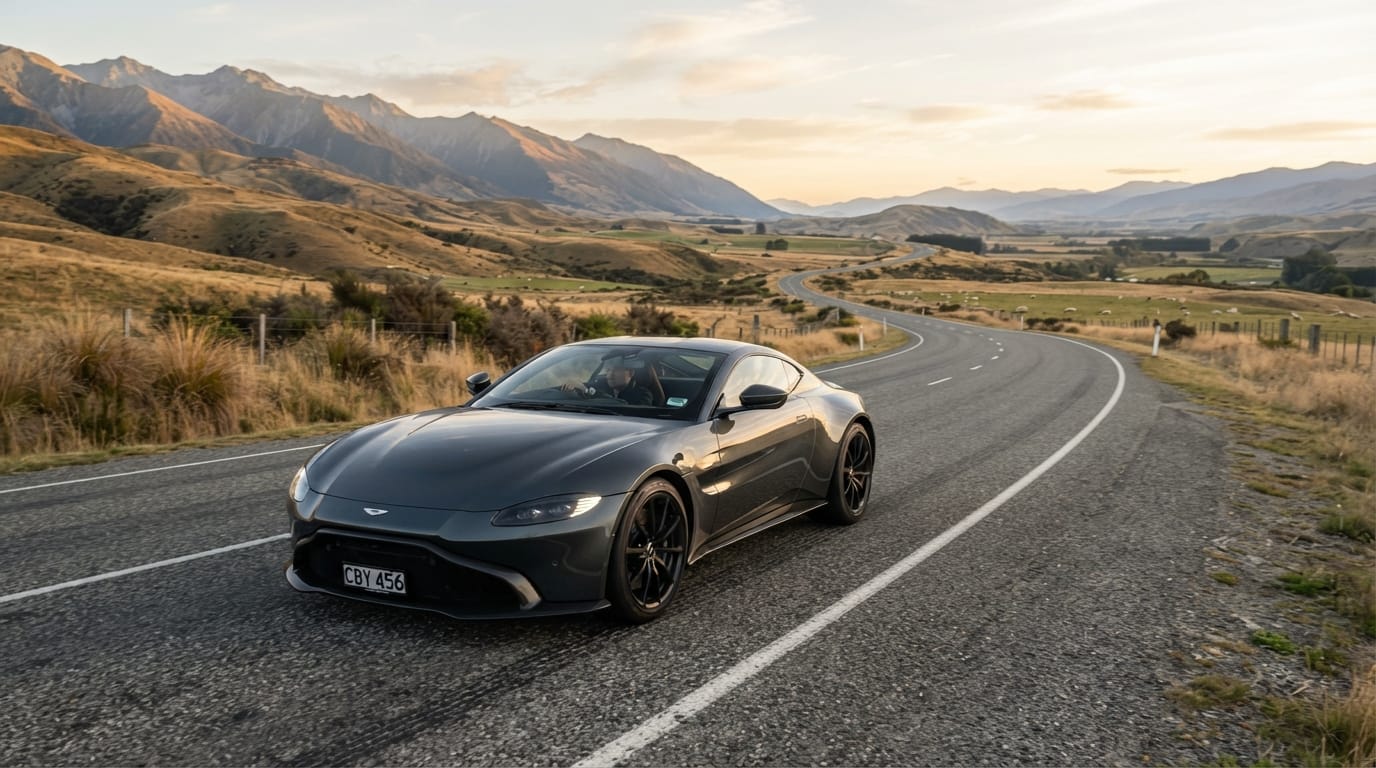 Modern supercar enjoying a scenic performance drive near Christchurch New Zealand
