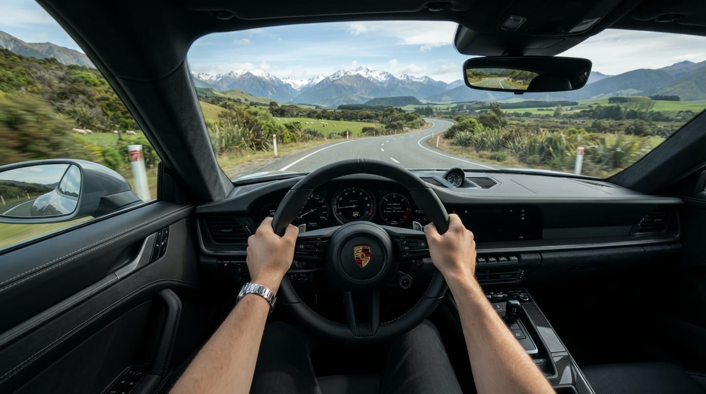 Porsche 911 interior during a scenic Christchurch and Canterbury driving experience