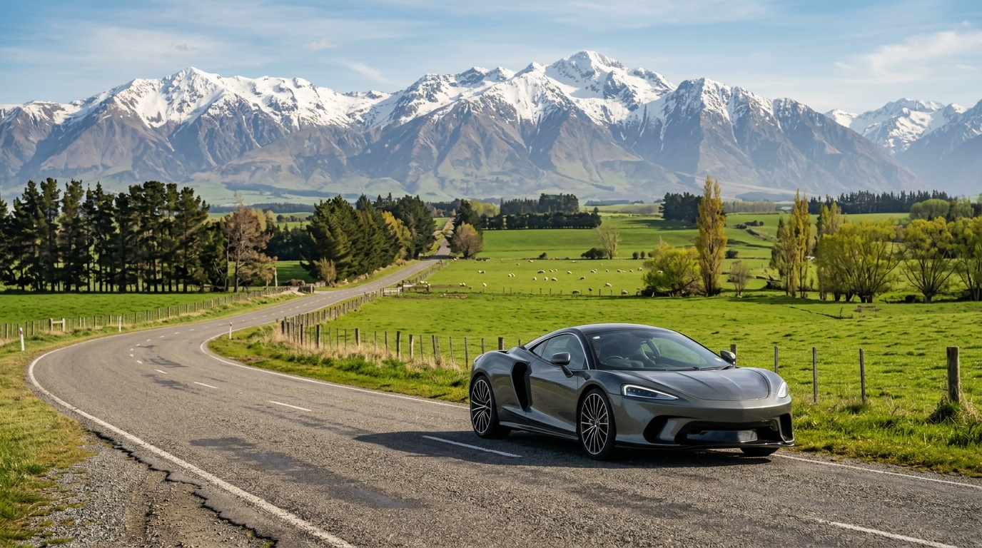 Canterbury supercar spring driving in 2026 through scenic New Zealand countryside