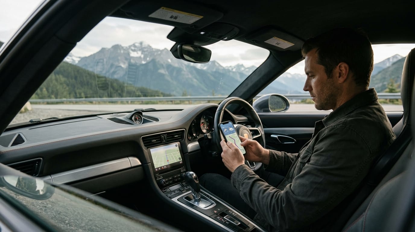 Driver checking weather and road information before a Canterbury supercar journey