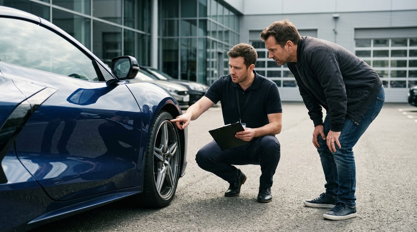 Inspecting a luxury rental car for existing damage before driving