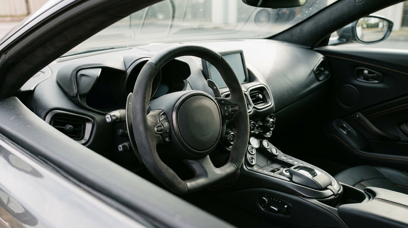 Luxury supercar interior photography featuring the steering wheel and cockpit details